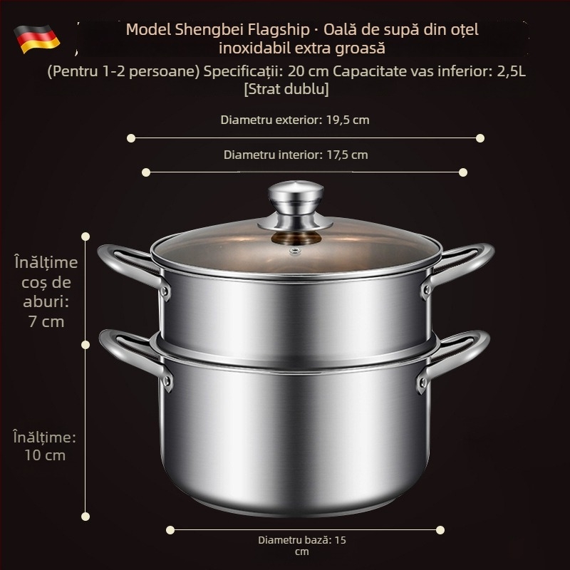 Oală de supă din oțel inoxidabil, bază întărită, vas mic pentru aburi, compatibilă cu plita cu inducție, calitate alimentară, oală multifuncțională pentru supe și paste, potrivită pentru aragaz