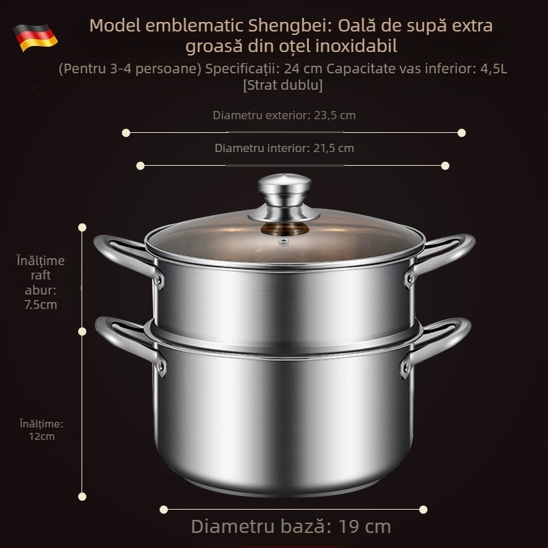 Oală de supă din oțel inoxidabil, bază întărită, vas mic pentru aburi, compatibilă cu plita cu inducție, calitate alimentară, oală multifuncțională pentru supe și paste, potrivită pentru aragaz