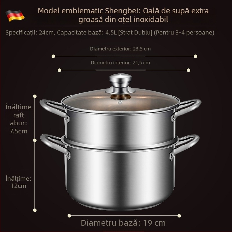Oală de supă din oțel inoxidabil, bază întărită, vas mic pentru aburi, compatibilă cu plita cu inducție, calitate alimentară, oală multifuncțională pentru supe și paste, potrivită pentru aragaz