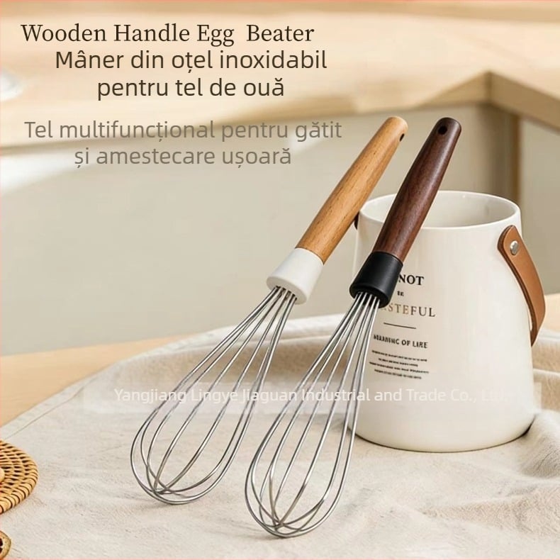 Lemn fag/acacia, tel manual pentru ouă, 9 inci, din oțel inoxidabil, pentru bătut crema și amestecat aluat de prăjituri