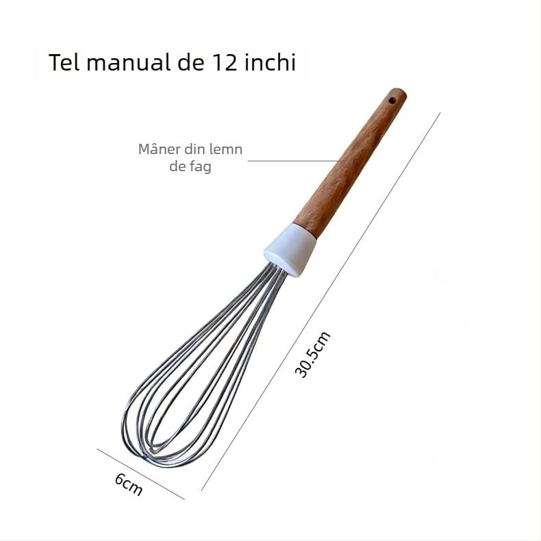 Lemn fag/acacia, tel manual pentru ouă, 9 inci, din oțel inoxidabil, pentru bătut crema și amestecat aluat de prăjituri