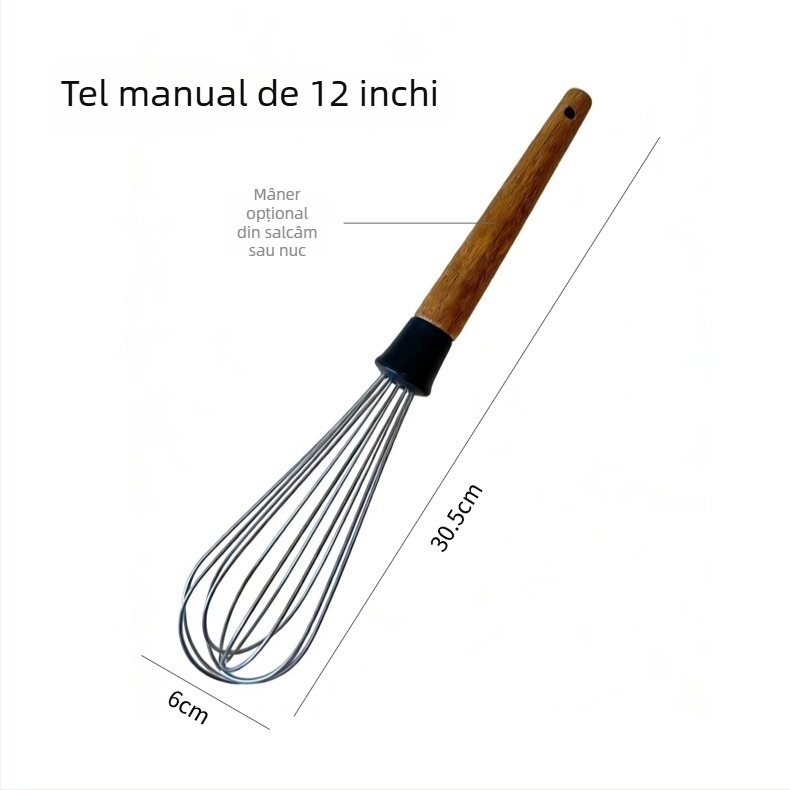 Lemn fag/acacia, tel manual pentru ouă, 9 inci, din oțel inoxidabil, pentru bătut crema și amestecat aluat de prăjituri