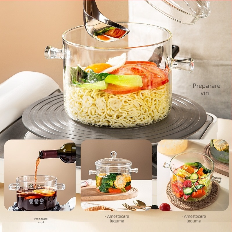 Oală din sticlă borosilicată, rezistentă la temperaturi înalte și la flacără deschisă, mică oală de lapte și oală de supă transparentă, potrivită pentru aragaz cu gaz sau plită ceramică, 1–2 L