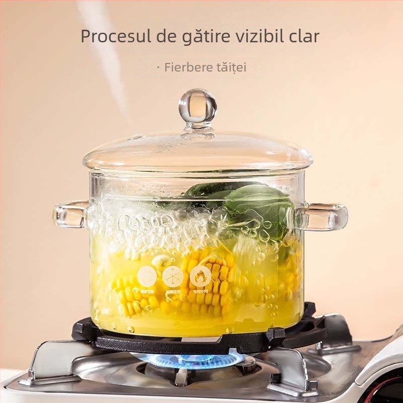 Oală din sticlă borosilicată, rezistentă la temperaturi înalte și la flacără deschisă, mică oală de lapte și oală de supă transparentă, potrivită pentru aragaz cu gaz sau plită ceramică, 1–2 L