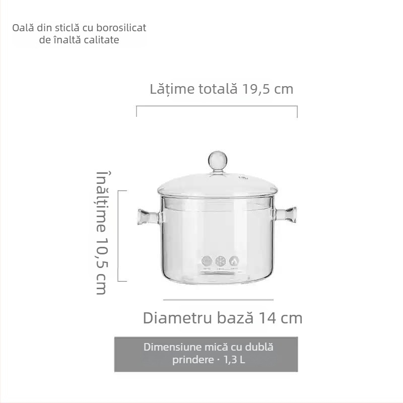 Oală din sticlă borosilicată, rezistentă la temperaturi înalte și la flacără deschisă, mică oală de lapte și oală de supă transparentă, potrivită pentru aragaz cu gaz sau plită ceramică, 1–2 L
