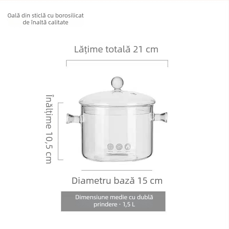 Oală din sticlă borosilicată, rezistentă la temperaturi înalte și la flacără deschisă, mică oală de lapte și oală de supă transparentă, potrivită pentru aragaz cu gaz sau plită ceramică, 1–2 L