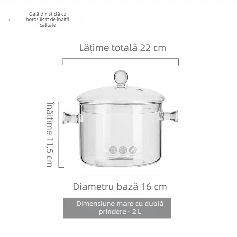 Oală din sticlă borosilicată, rezistentă la temperaturi înalte și la flacără deschisă, mică oală de lapte și oală de supă transparentă, potrivită pentru aragaz cu gaz sau plită ceramică, 1–2 L