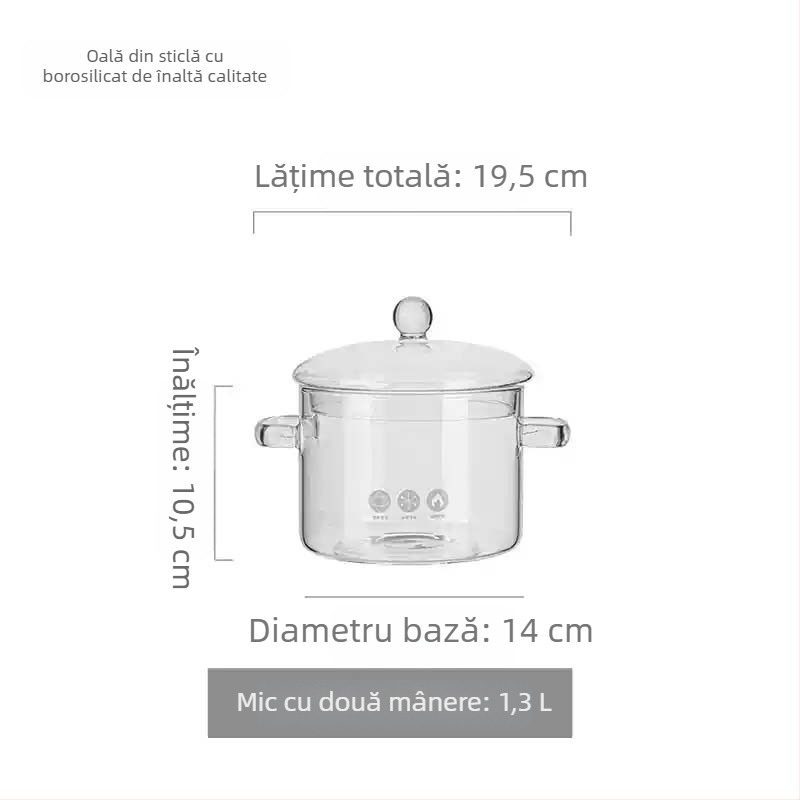 Oală din sticlă borosilicată, rezistentă la temperaturi înalte și la flacără deschisă, mică oală de lapte și oală de supă transparentă, potrivită pentru aragaz cu gaz sau plită ceramică, 1–2 L