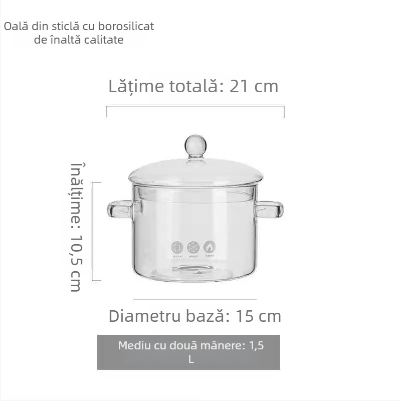 Oală din sticlă borosilicată, rezistentă la temperaturi înalte și la flacără deschisă, mică oală de lapte și oală de supă transparentă, potrivită pentru aragaz cu gaz sau plită ceramică, 1–2 L
