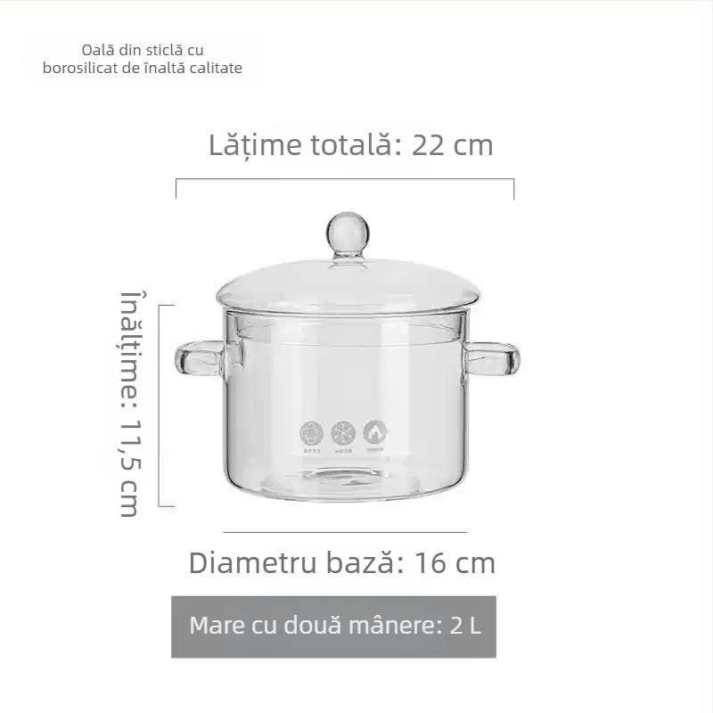 Oală din sticlă borosilicată, rezistentă la temperaturi înalte și la flacără deschisă, mică oală de lapte și oală de supă transparentă, potrivită pentru aragaz cu gaz sau plită ceramică, 1–2 L