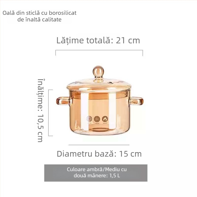 Oală din sticlă borosilicată, rezistentă la temperaturi înalte și la flacără deschisă, mică oală de lapte și oală de supă transparentă, potrivită pentru aragaz cu gaz sau plită ceramică, 1–2 L