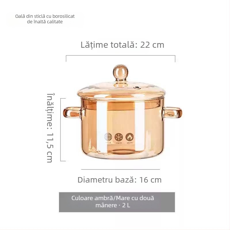 Oală din sticlă borosilicată, rezistentă la temperaturi înalte și la flacără deschisă, mică oală de lapte și oală de supă transparentă, potrivită pentru aragaz cu gaz sau plită ceramică, 1–2 L
