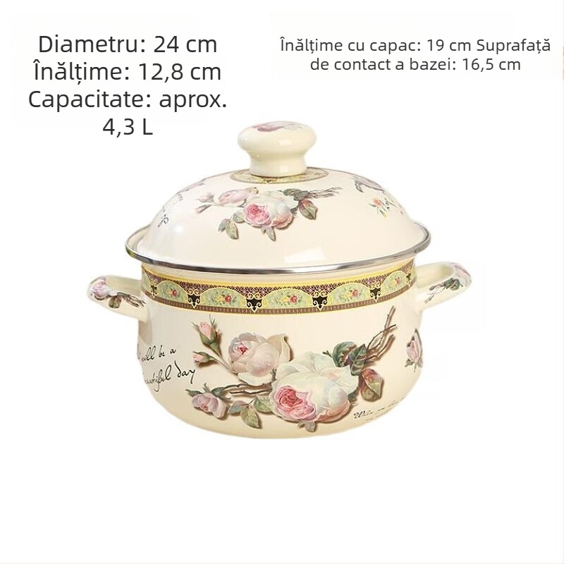 Oală de supă emailată, cu mâneri duble, fund plat, gros, compatibilă cu plita pe gaz și inducția