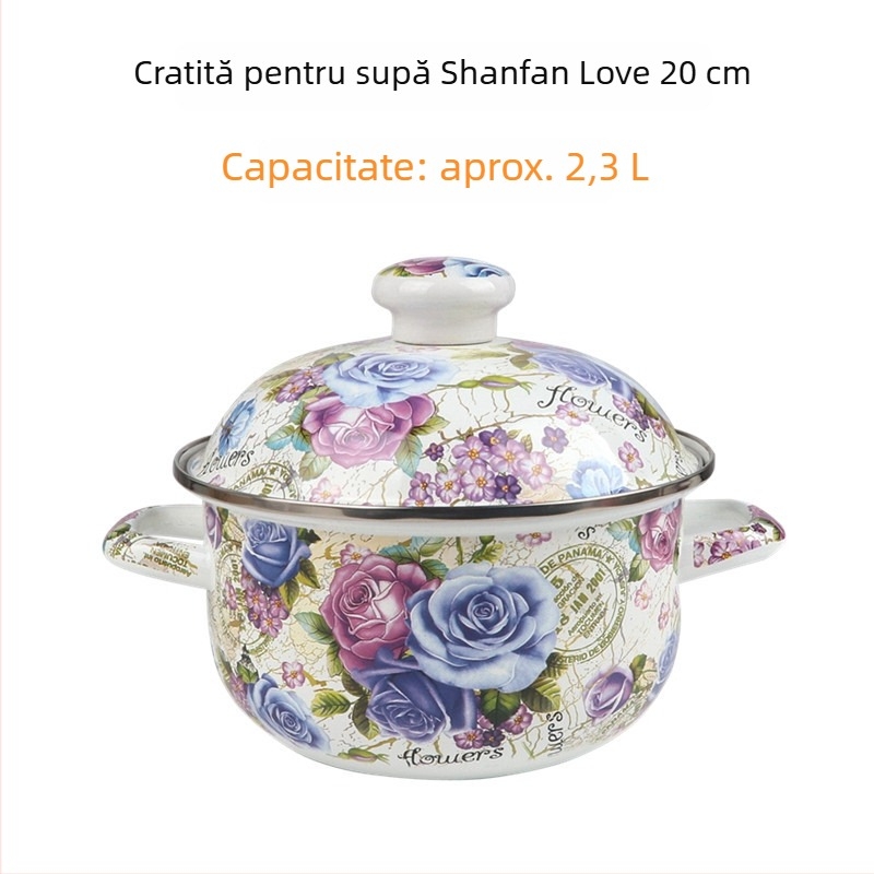 Oală de supă emailată, cu mâneri duble, fund plat, gros, compatibilă cu plita pe gaz și inducția