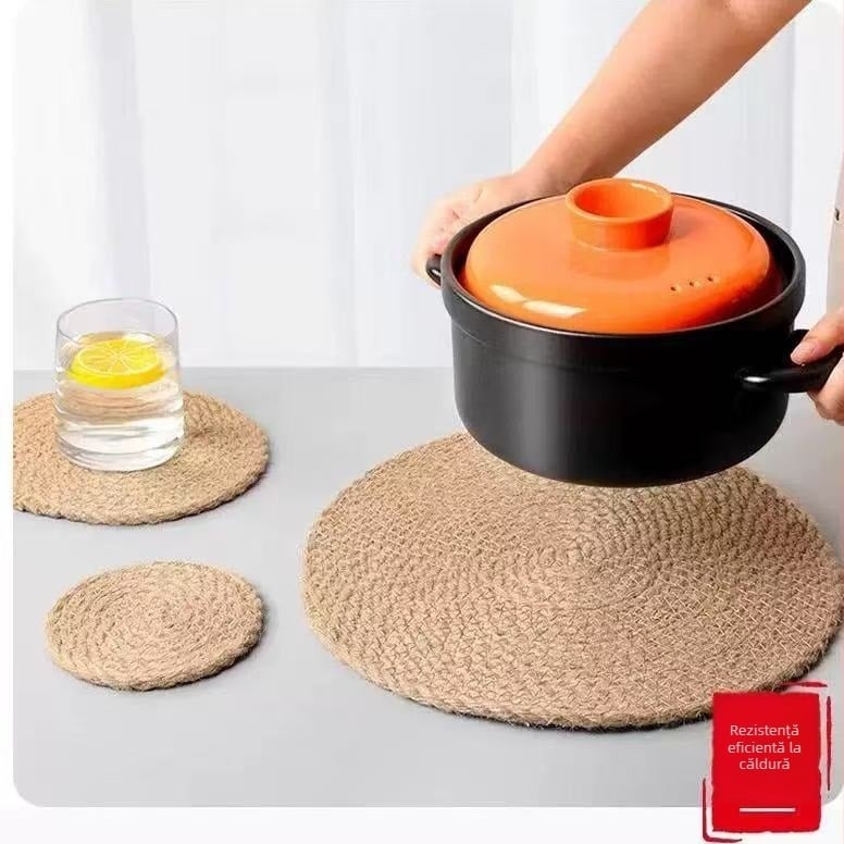 Set circular din in și pai țesut, izolant termic pentru masă, cu suporturi pentru pahare, farfurii și oale, ecologic