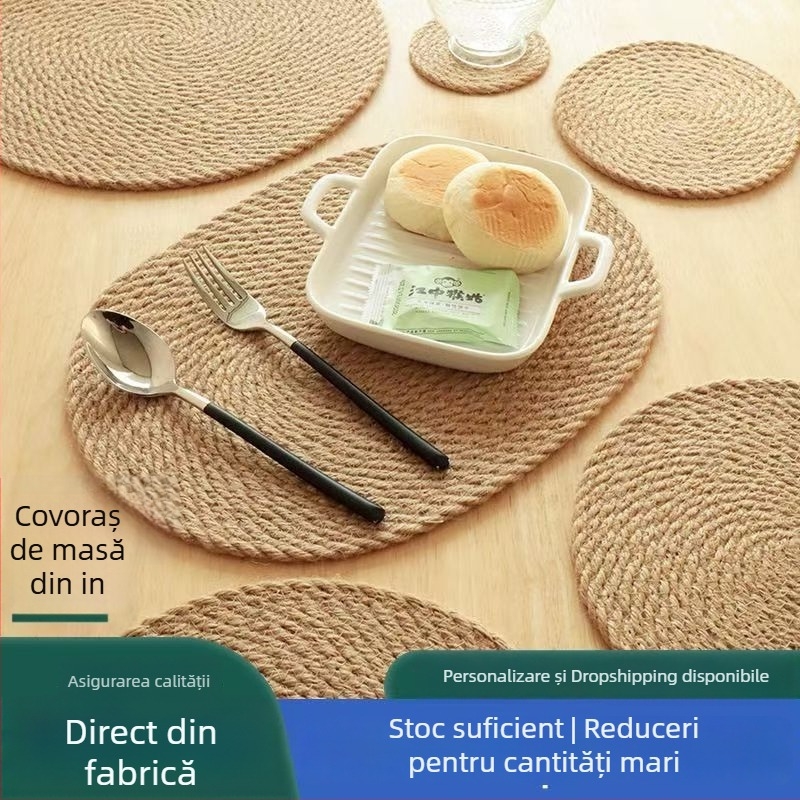 Set circular din in și pai țesut, izolant termic pentru masă, cu suporturi pentru pahare, farfurii și oale, ecologic