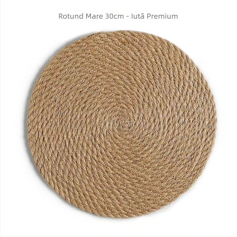 Set circular din in și pai țesut, izolant termic pentru masă, cu suporturi pentru pahare, farfurii și oale, ecologic