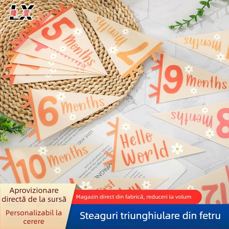 Steaguri triunghiulare din fetru pentru primul an al bebelușului – decor pentru dormitor, stegulețe de agățat