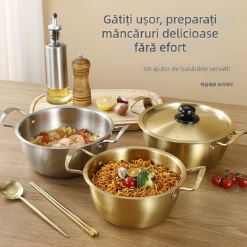 Oală din oțel inoxidabil, stil coreean, pentru tăiței instant, cu două mânere, oală mică de supă pentru o porție, compatibilă cu aragaz pe gaz și plită cu inducție