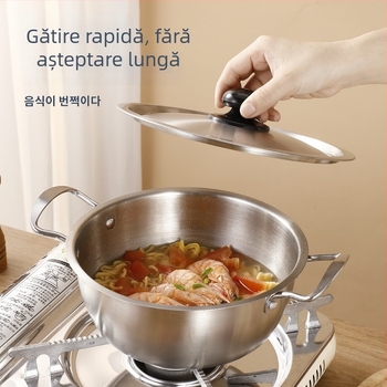 Oală din oțel inoxidabil, stil coreean, pentru tăiței instant, cu două mânere, oală mică de supă pentru o porție, compatibilă cu aragaz pe gaz și plită cu inducție