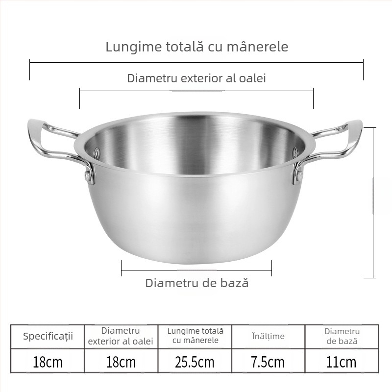 Oală din oțel inoxidabil, stil coreean, pentru tăiței instant, cu două mânere, oală mică de supă pentru o porție, compatibilă cu aragaz pe gaz și plită cu inducție