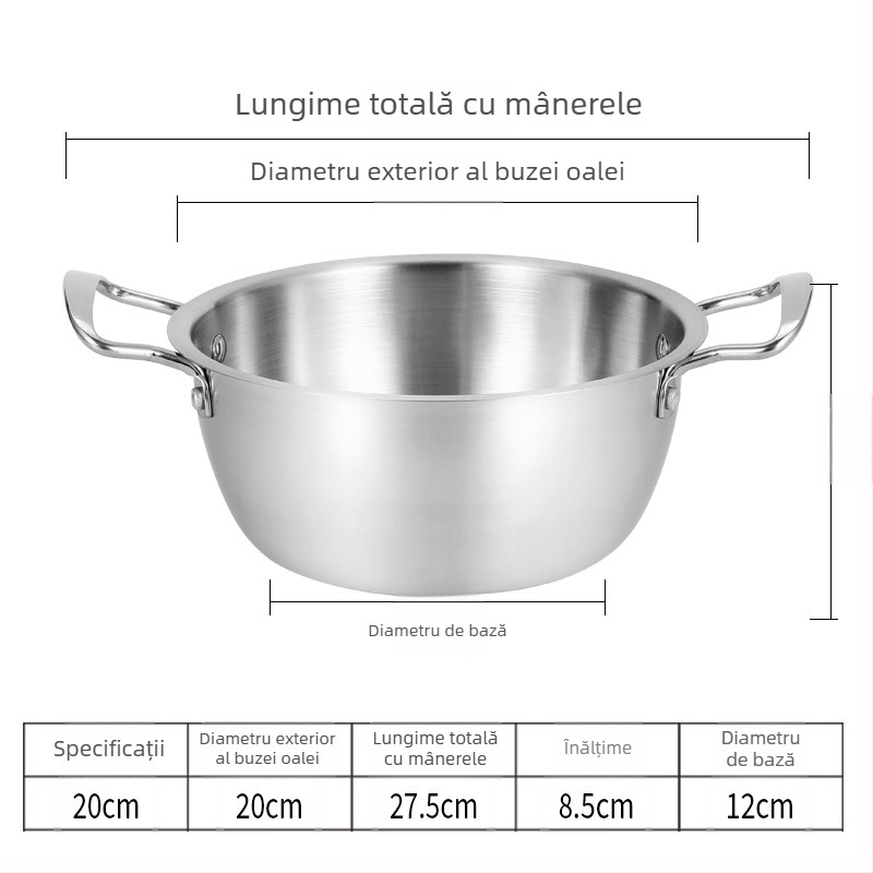 Oală din oțel inoxidabil, stil coreean, pentru tăiței instant, cu două mânere, oală mică de supă pentru o porție, compatibilă cu aragaz pe gaz și plită cu inducție