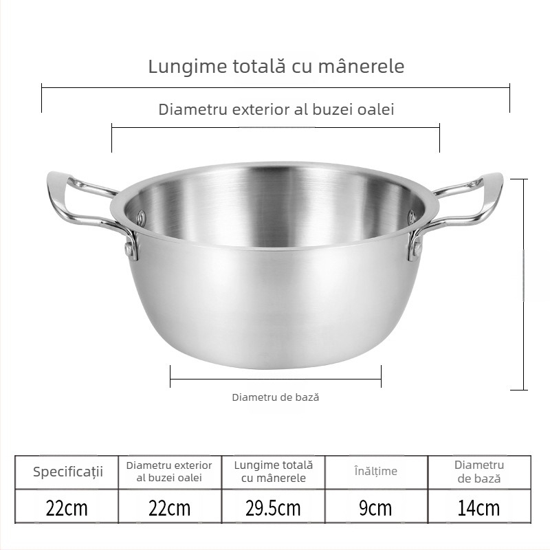Oală din oțel inoxidabil, stil coreean, pentru tăiței instant, cu două mânere, oală mică de supă pentru o porție, compatibilă cu aragaz pe gaz și plită cu inducție