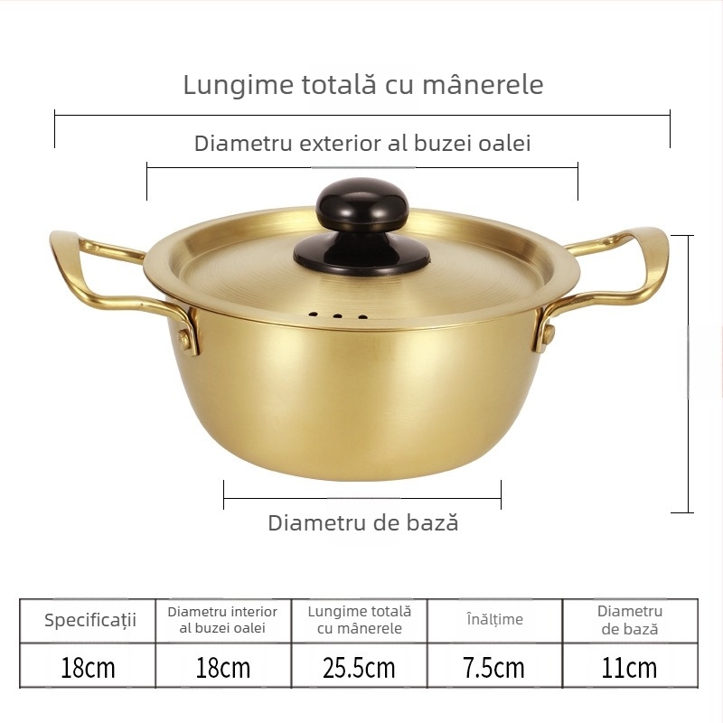 Oală din oțel inoxidabil, stil coreean, pentru tăiței instant, cu două mânere, oală mică de supă pentru o porție, compatibilă cu aragaz pe gaz și plită cu inducție