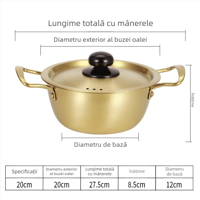 Oală din oțel inoxidabil, stil coreean, pentru tăiței instant, cu două mânere, oală mică de supă pentru o porție, compatibilă cu aragaz pe gaz și plită cu inducție