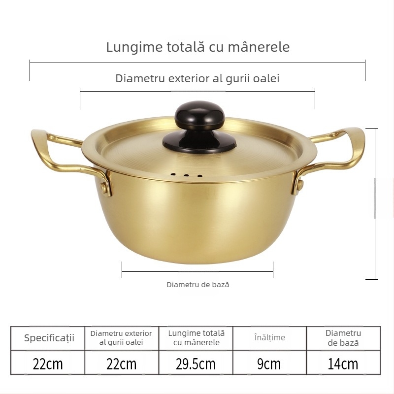 Oală din oțel inoxidabil, stil coreean, pentru tăiței instant, cu două mânere, oală mică de supă pentru o porție, compatibilă cu aragaz pe gaz și plită cu inducție