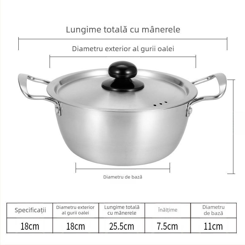 Oală din oțel inoxidabil, stil coreean, pentru tăiței instant, cu două mânere, oală mică de supă pentru o porție, compatibilă cu aragaz pe gaz și plită cu inducție