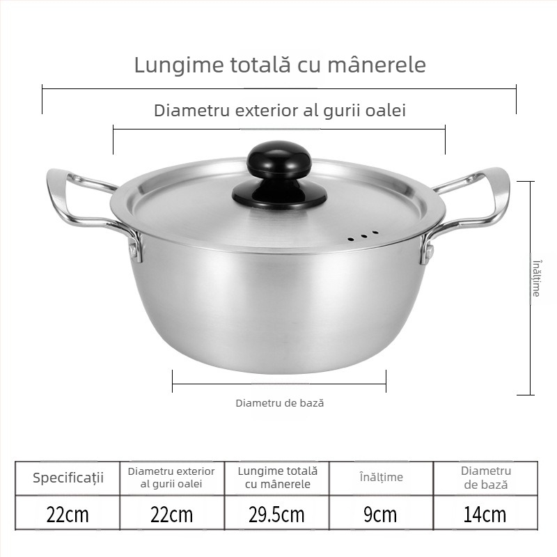 Oală din oțel inoxidabil, stil coreean, pentru tăiței instant, cu două mânere, oală mică de supă pentru o porție, compatibilă cu aragaz pe gaz și plită cu inducție