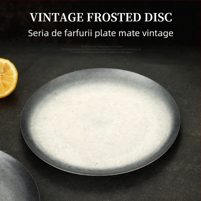Farfurie de desert din oțel inoxidabil 304, farfurie pentru prăjituri și farfurie rotundă plată în stil industrial vintage pentru cafenea și bucătărie occidentală, farfurie pentru carne la grătar.