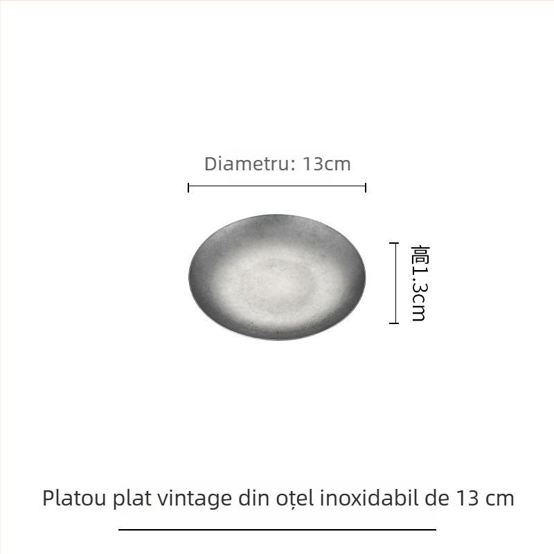 Farfurie de desert din oțel inoxidabil 304, farfurie pentru prăjituri și farfurie rotundă plată în stil industrial vintage pentru cafenea și bucătărie occidentală, farfurie pentru carne la grătar.
