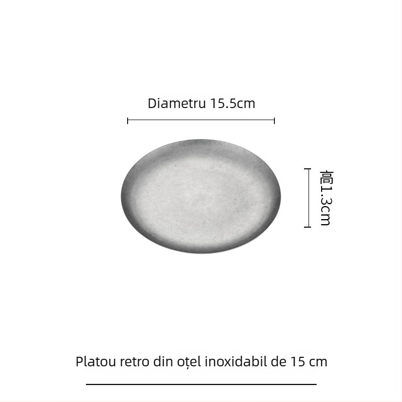Farfurie de desert din oțel inoxidabil 304, farfurie pentru prăjituri și farfurie rotundă plată în stil industrial vintage pentru cafenea și bucătărie occidentală, farfurie pentru carne la grătar.