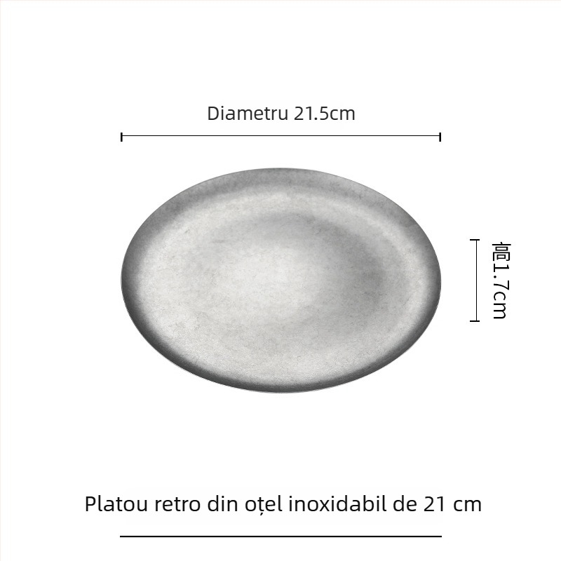 Farfurie de desert din oțel inoxidabil 304, farfurie pentru prăjituri și farfurie rotundă plată în stil industrial vintage pentru cafenea și bucătărie occidentală, farfurie pentru carne la grătar.