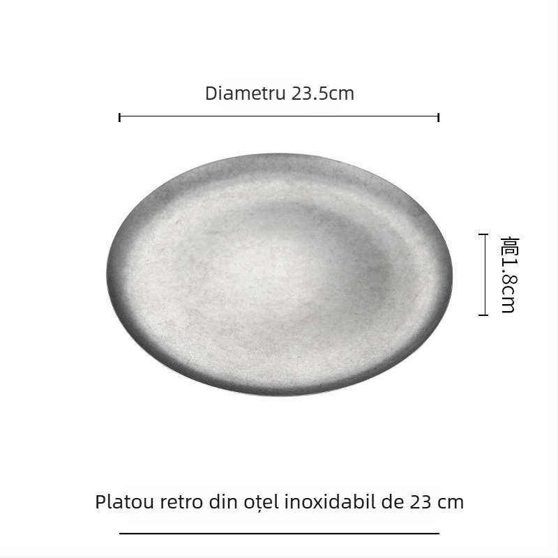 Farfurie de desert din oțel inoxidabil 304, farfurie pentru prăjituri și farfurie rotundă plată în stil industrial vintage pentru cafenea și bucătărie occidentală, farfurie pentru carne la grătar.
