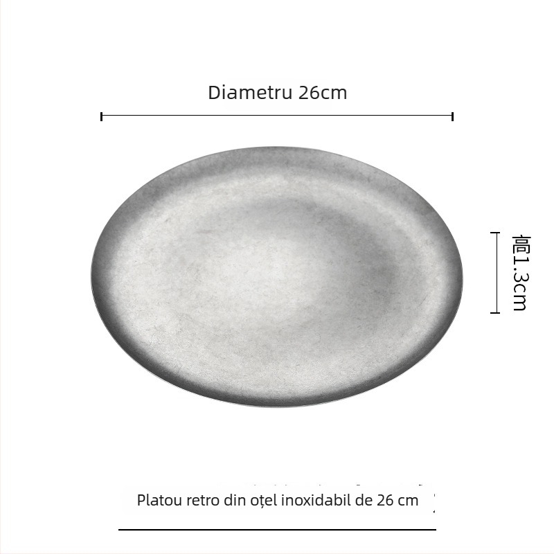 Farfurie de desert din oțel inoxidabil 304, farfurie pentru prăjituri și farfurie rotundă plată în stil industrial vintage pentru cafenea și bucătărie occidentală, farfurie pentru carne la grătar.