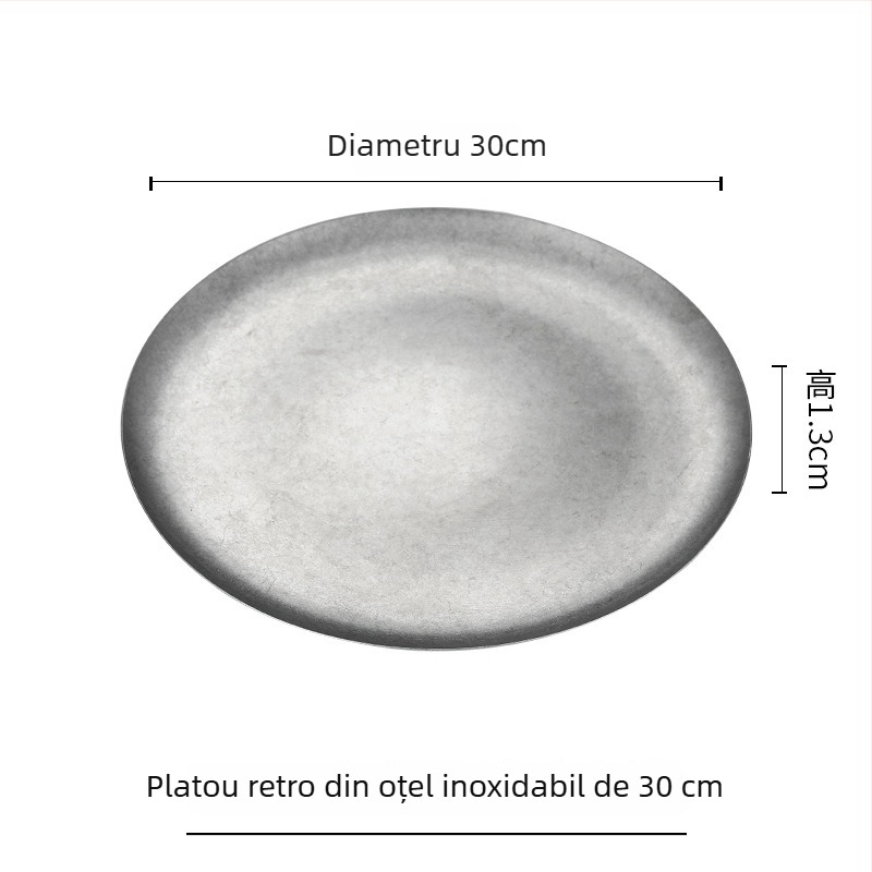 Farfurie de desert din oțel inoxidabil 304, farfurie pentru prăjituri și farfurie rotundă plată în stil industrial vintage pentru cafenea și bucătărie occidentală, farfurie pentru carne la grătar.