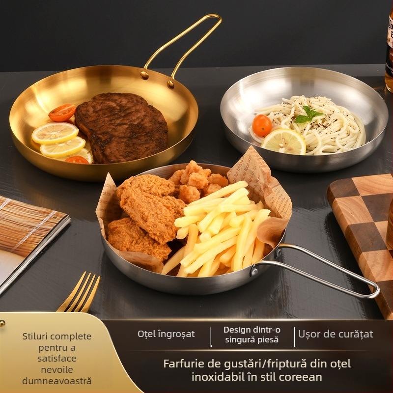 Farfurie rotundă din oțel inoxidabil cu mâner, stil coreean, auriu, diametrul 18–19 cm, potrivit pentru fripturi, grătare și deserturi