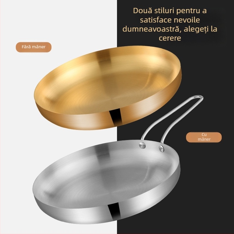 Farfurie rotundă din oțel inoxidabil cu mâner, stil coreean, auriu, diametrul 18–19 cm, potrivit pentru fripturi, grătare și deserturi