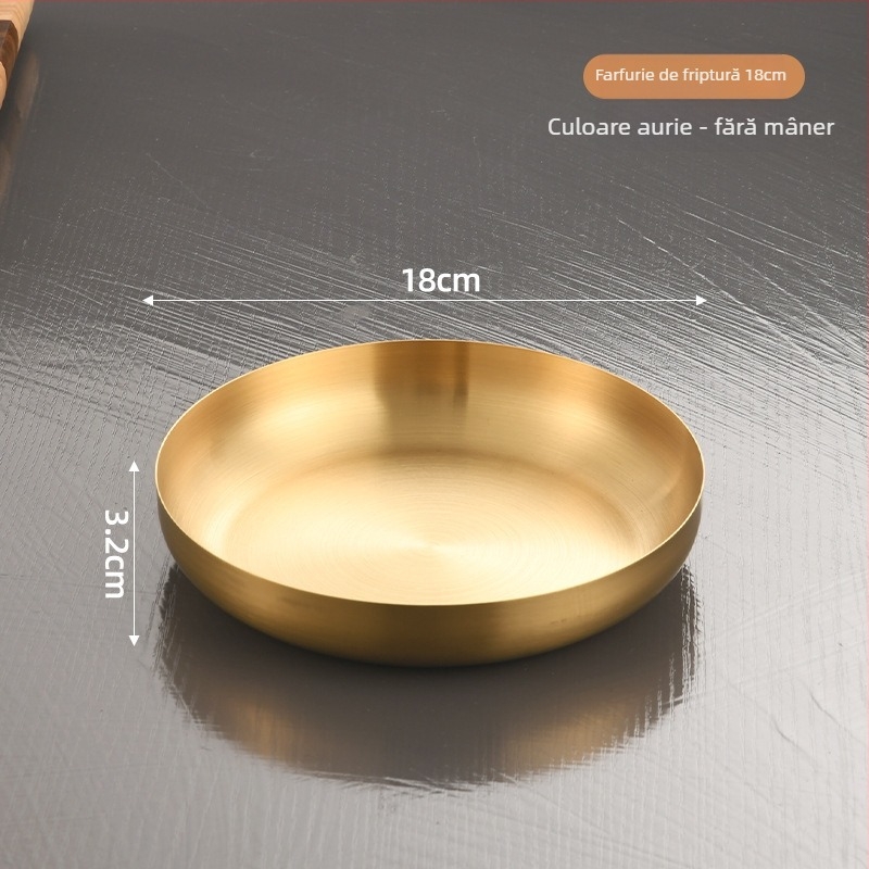 Farfurie rotundă din oțel inoxidabil cu mâner, stil coreean, auriu, diametrul 18–19 cm, potrivit pentru fripturi, grătare și deserturi