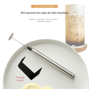 Spumator de lapte portabil din oțel inoxidabil, cu suport, mini mixeur pentru cafea și tel de ouă