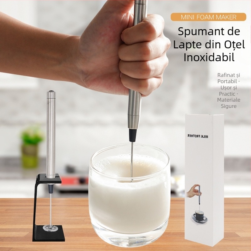 Spumator de lapte portabil din oțel inoxidabil, cu suport, mini mixeur pentru cafea și tel de ouă