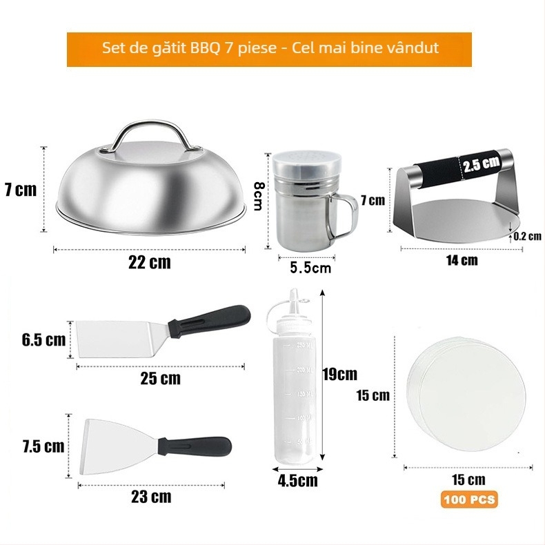 Set de unelte pentru grătar din oțel inoxidabil, cu spatulă de gătit, spatulă pentru grătar și capac