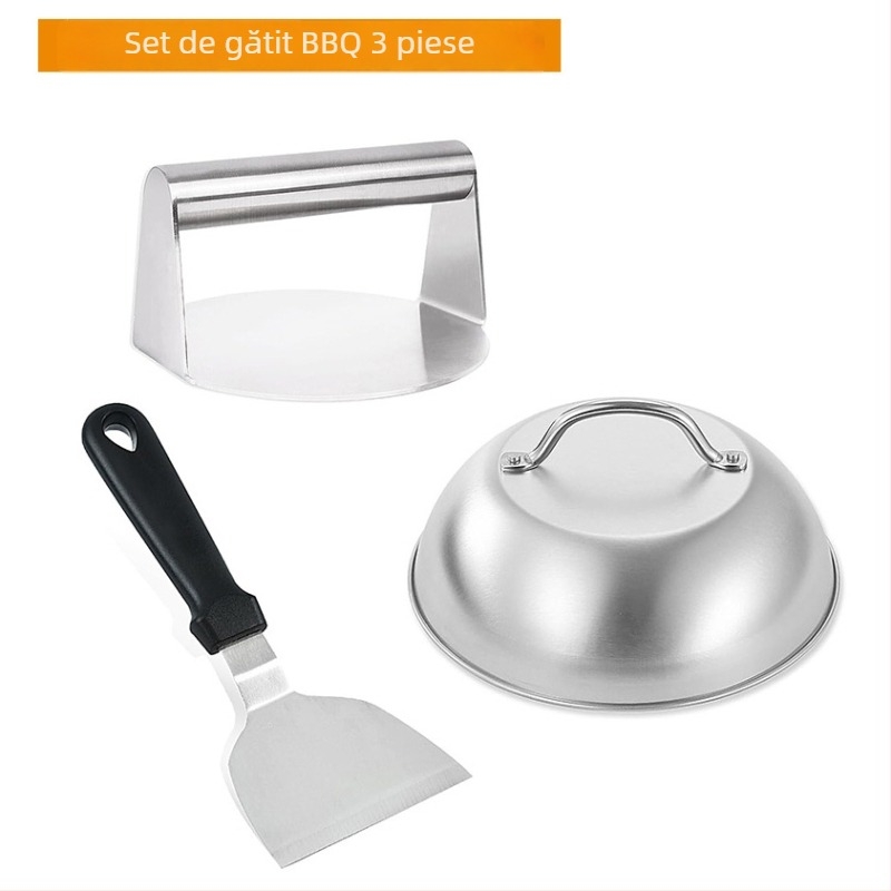 Set de unelte pentru grătar din oțel inoxidabil, cu spatulă de gătit, spatulă pentru grătar și capac