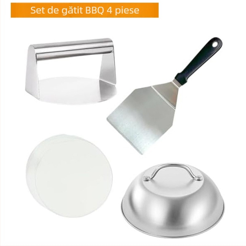 Set de unelte pentru grătar din oțel inoxidabil, cu spatulă de gătit, spatulă pentru grătar și capac