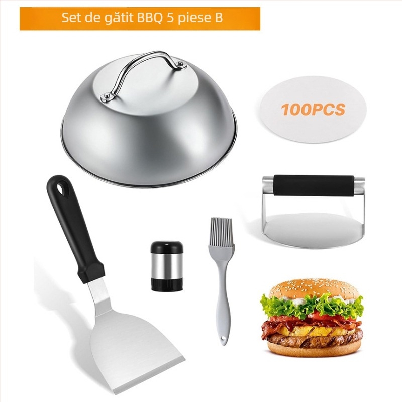 Set de unelte pentru grătar din oțel inoxidabil, cu spatulă de gătit, spatulă pentru grătar și capac