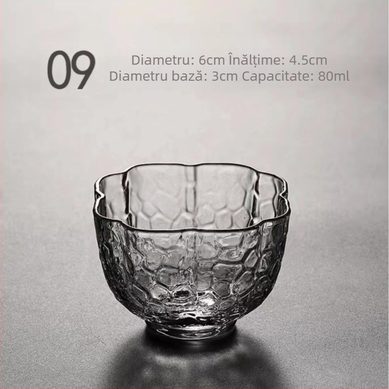 Ceșuță de ceai japoneză din sticlă borosilikat, cu model ciocănit, transparentă, fără mâner