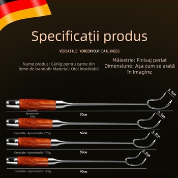 Cârlig pentru carne din oțel inoxidabil și furculiță pentru carne, cu mâner lung din lemn, pentru grătar
